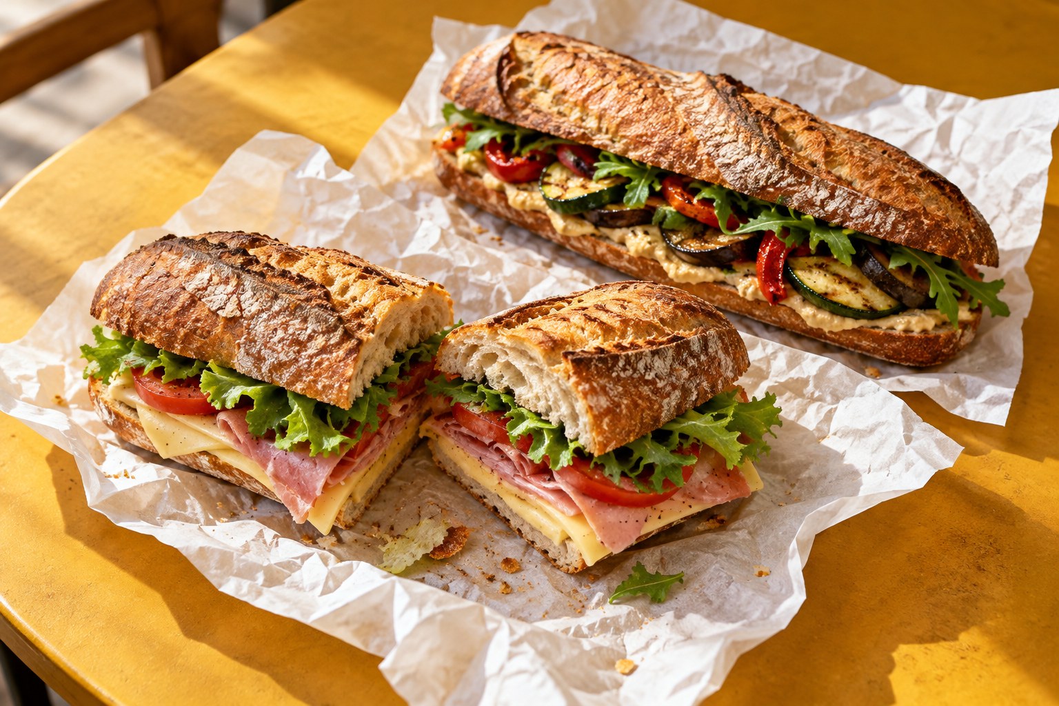 Krokante baguettes met ham, kaas en groentjes op een gele tafel